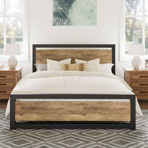 Marilee Wood and Black Metal Frame Bed with Headboard